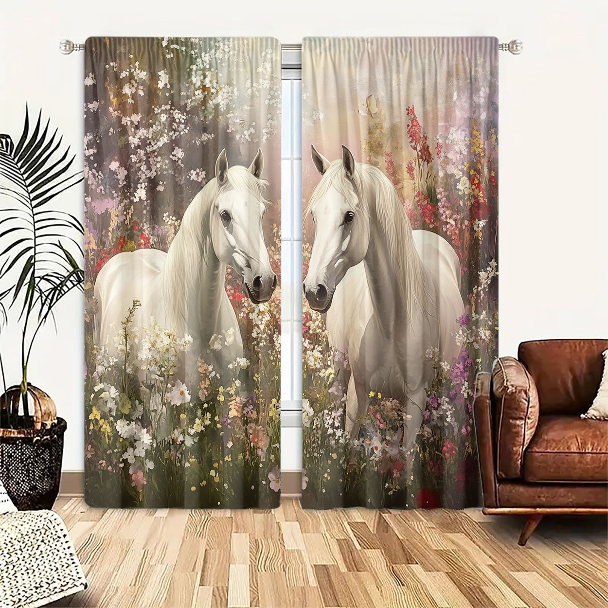 Home Office Romance - Rideaux Esthétiques Cheval et Fleurs, Lot
